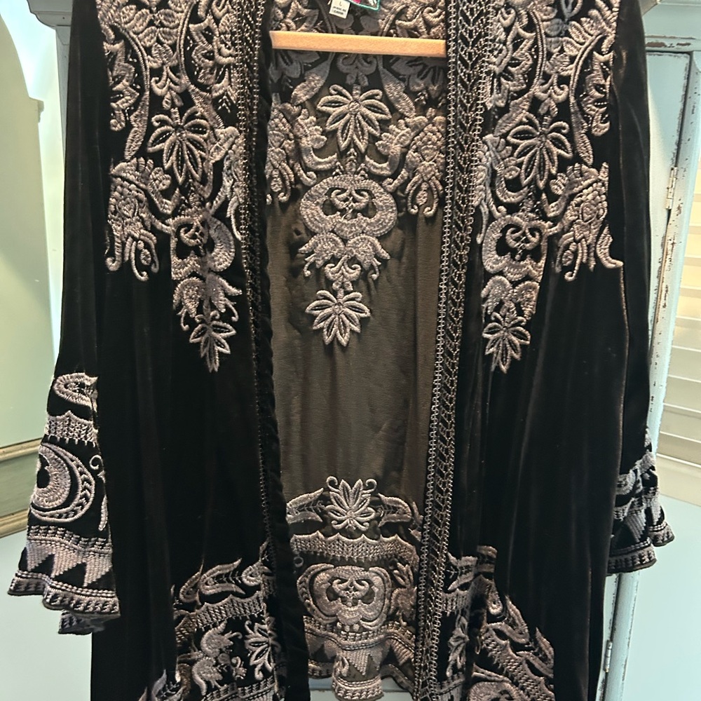 Johnny Was Black and Gray Embroidered Cape silk / velvet open front